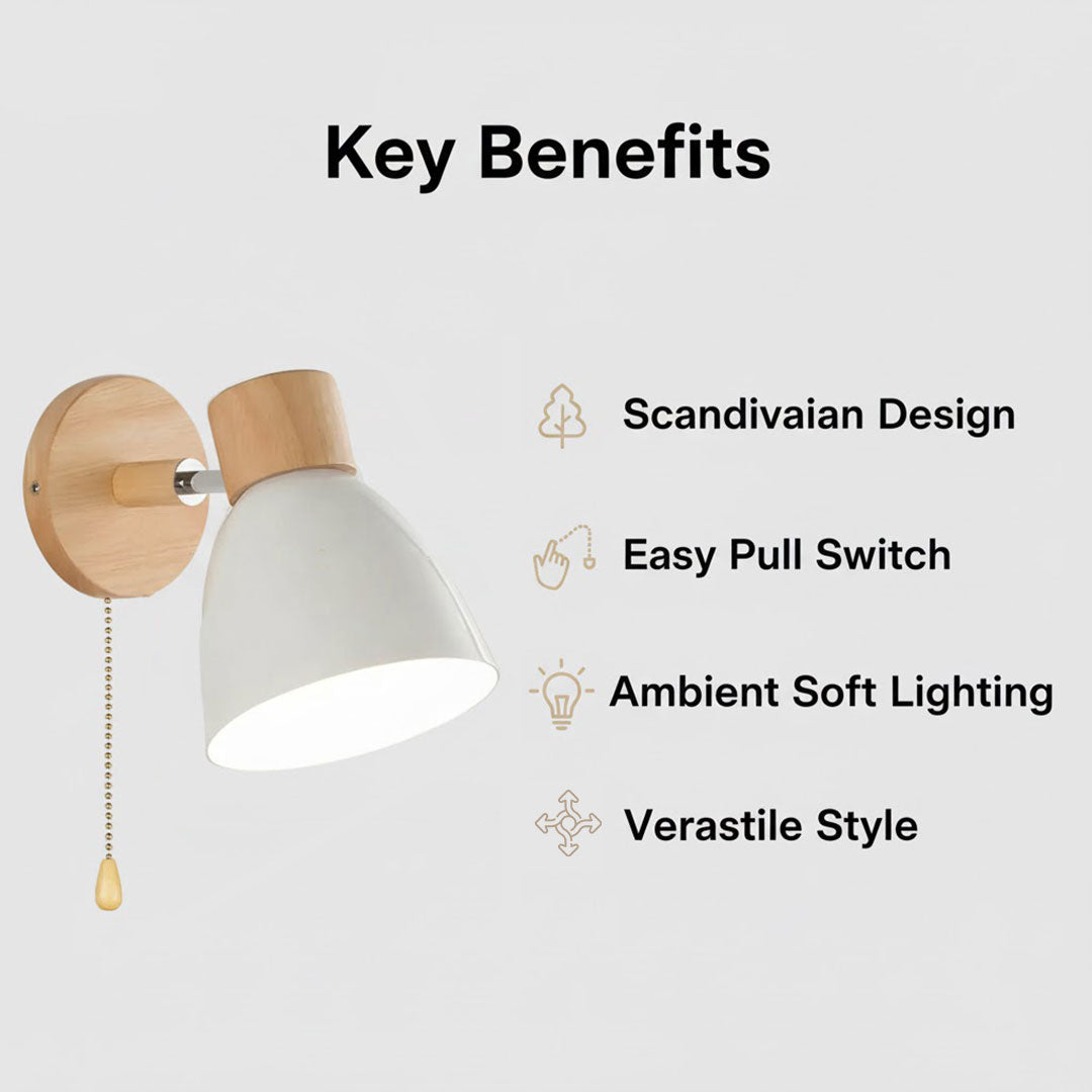 Wall Light with Pull Switch and Natural Wood Finish