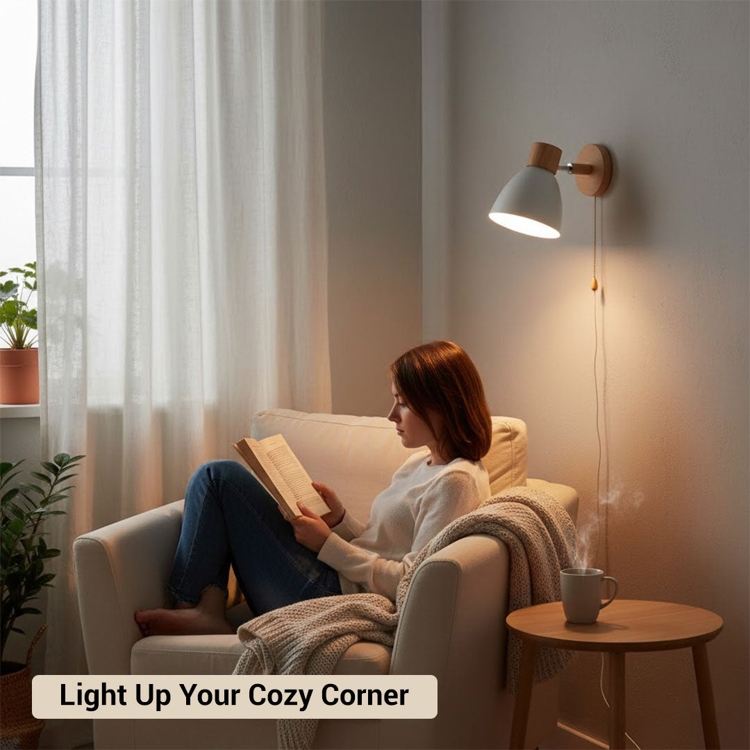 Wall Light with Pull Switch and Natural Wood Finish