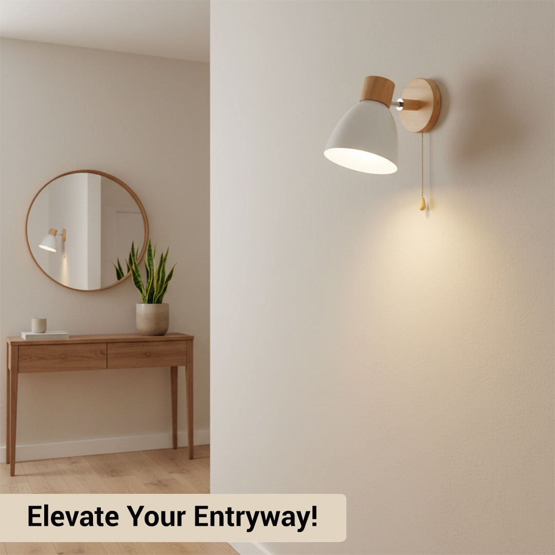 Wall Light with Pull Switch and Natural Wood Finish