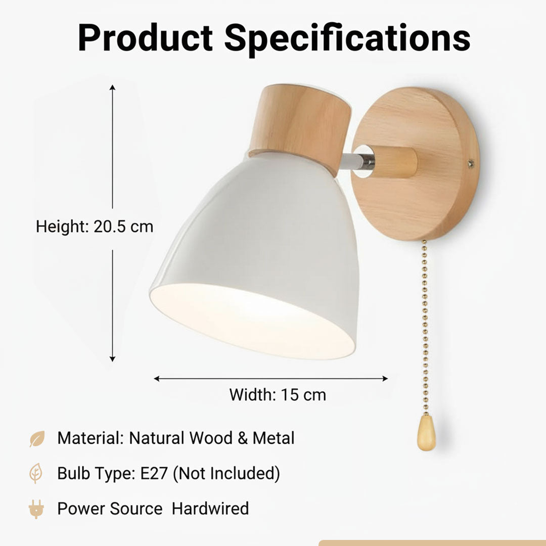 Wall Light with Pull Switch and Natural Wood Finish