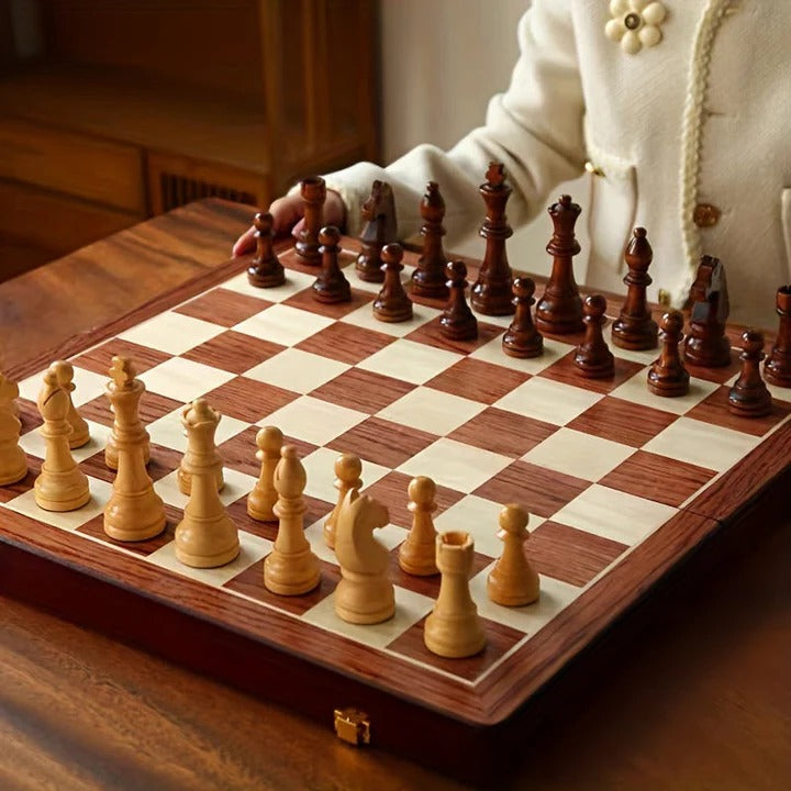 Wooden Chess Set with Portable Design and Storage